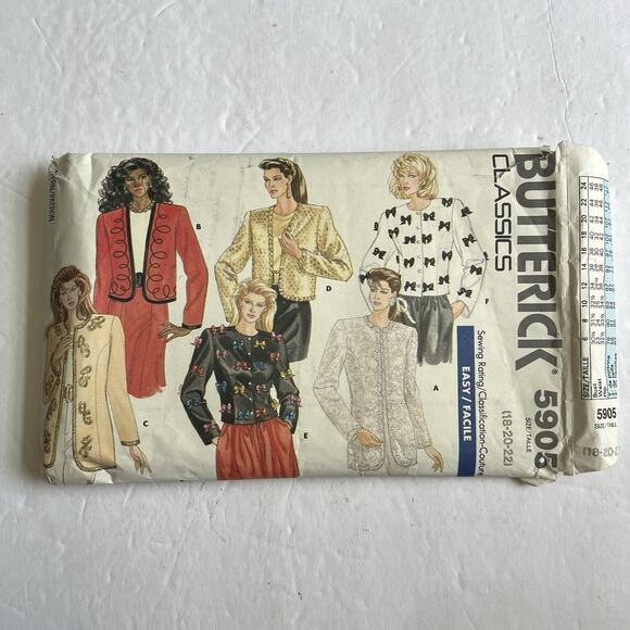 Butterick Classics Jackets Easy Sewing Pattern 5905 Misses 18 20 22 - Picture 1 of 4